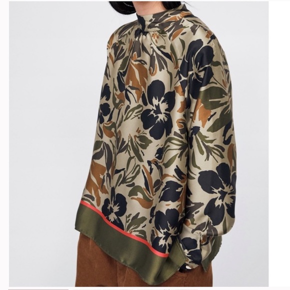 ZARA camouflage floral print long sleeve pullover top hem band oversized XS - Picture 12 of 12